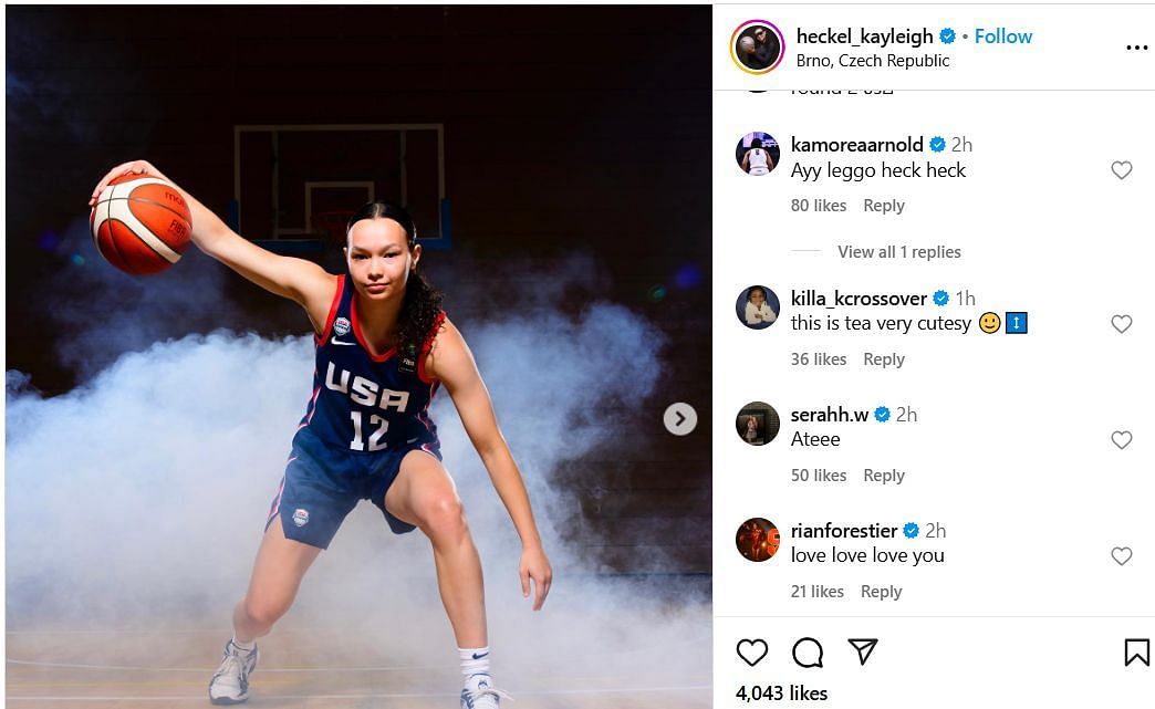 Kayleigh Heckel's teammates react to her Team USA post on IG. Image via @heckel.kayleigh